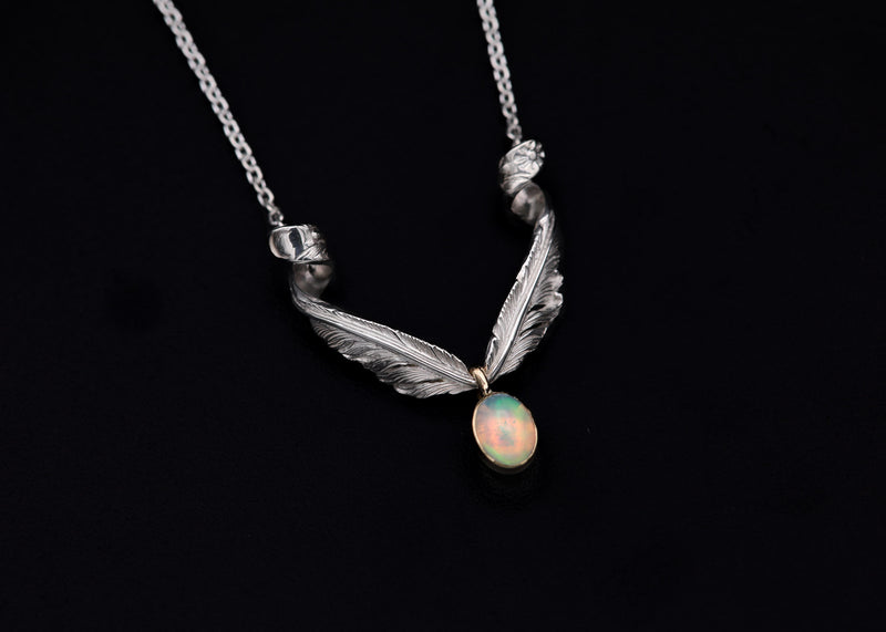 FN1-O2:Twist Feather Necklace/Inside/Opal/K18 Bezel